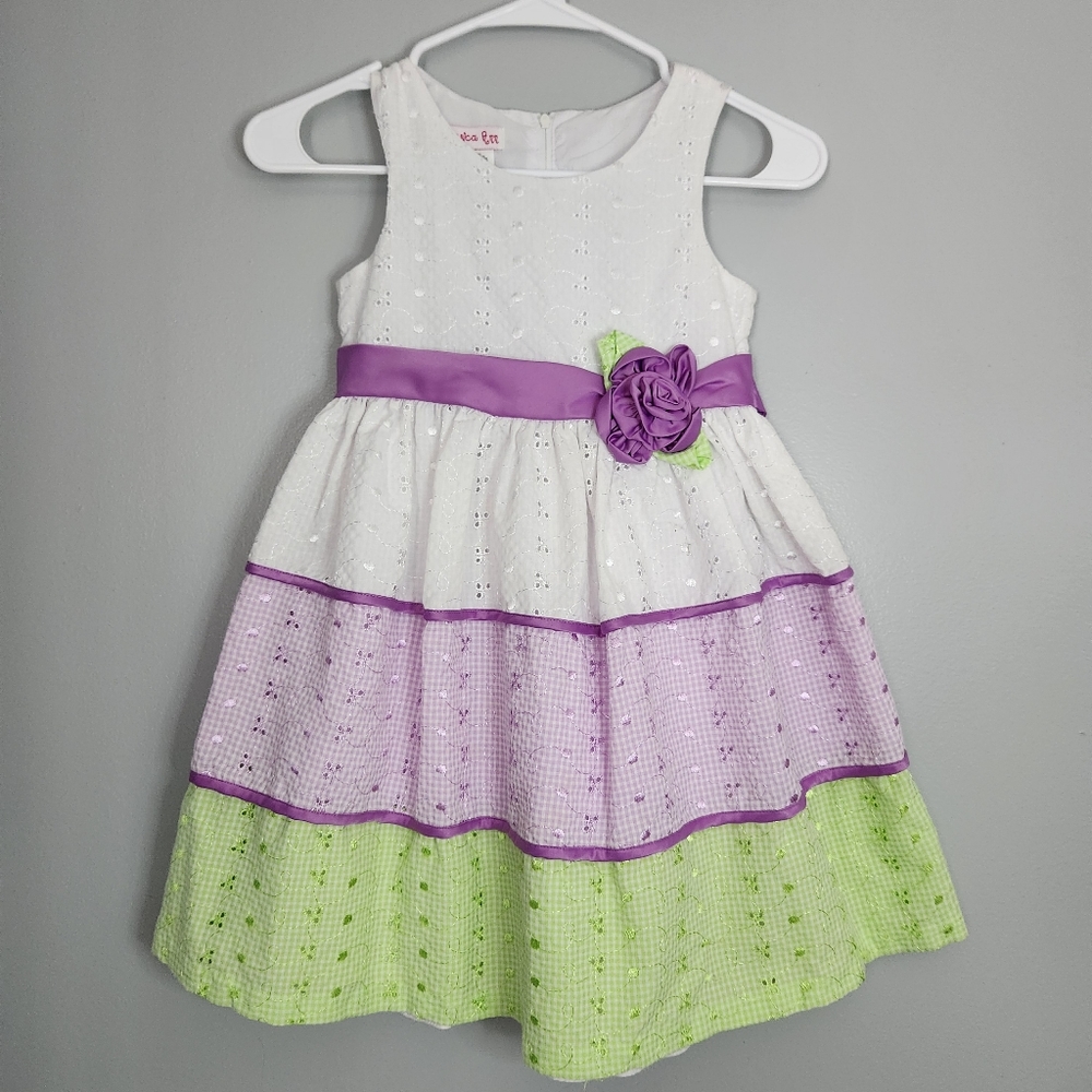 Jessica Ann Pastel Eyelet girls 3 tier sleeveless dress. Sz 6X. Gingham style.